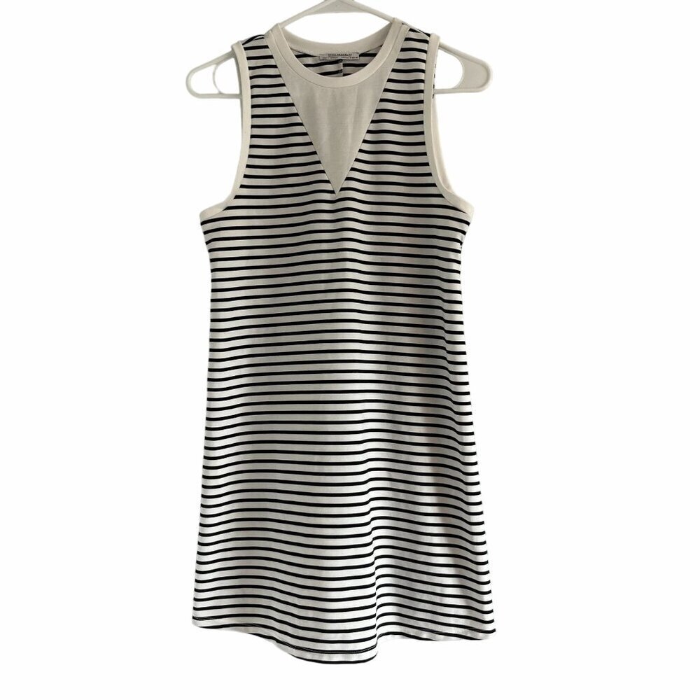 Zara Black and‎ White Stripe Crew Neck Sleeveless Mini Shift Dress Preppy Size S